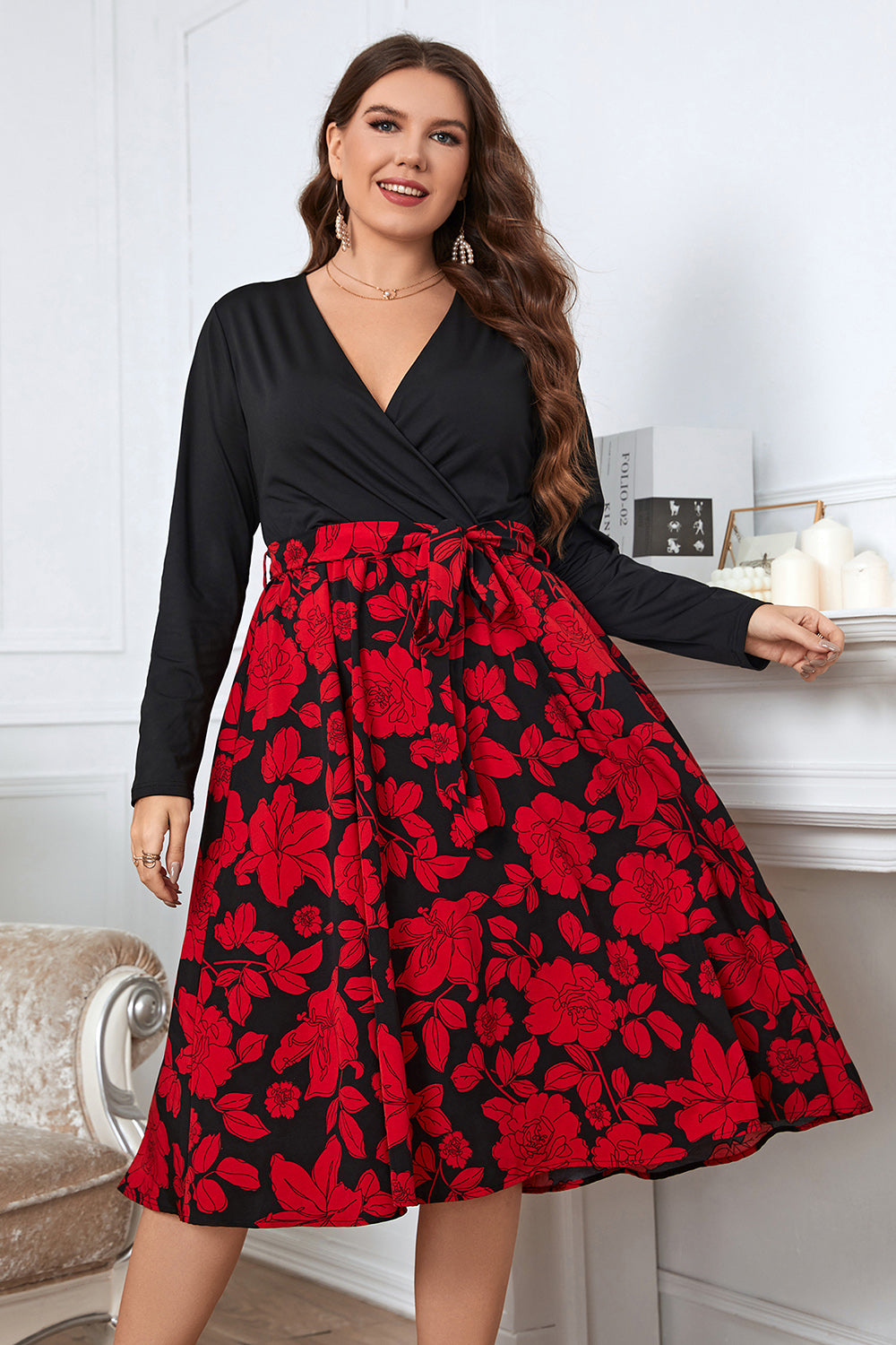 Plus Size Floral Surplice Neck Long Sleeve Dress