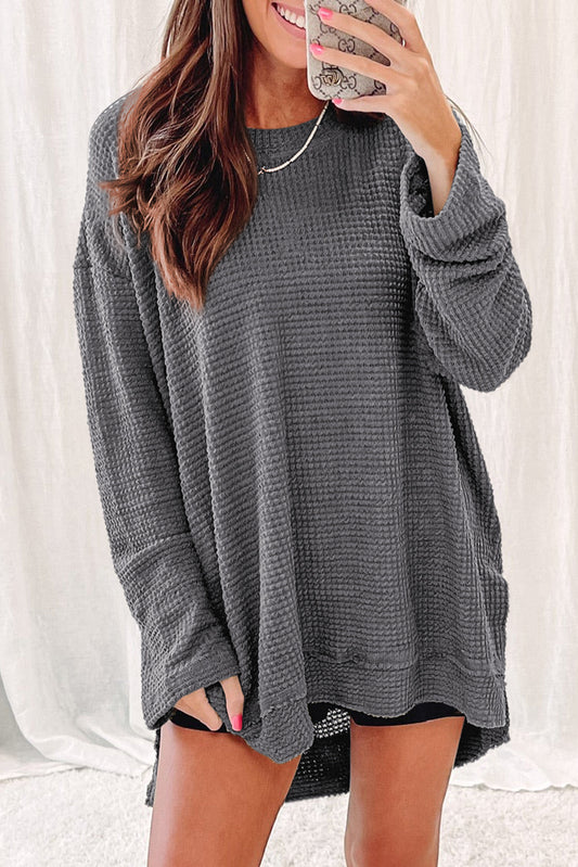 Waffle-Knit Round Neck Long Sleeve Sweatshirt