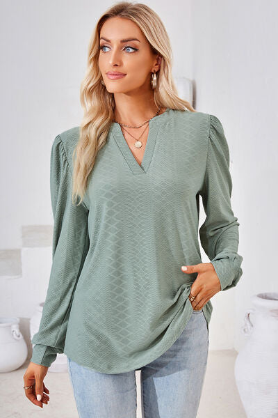 Ruched Notched Long Sleeve T-Shirt