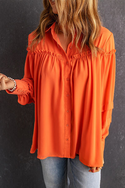 Frill Button Up Lantern Sleeve Blouse